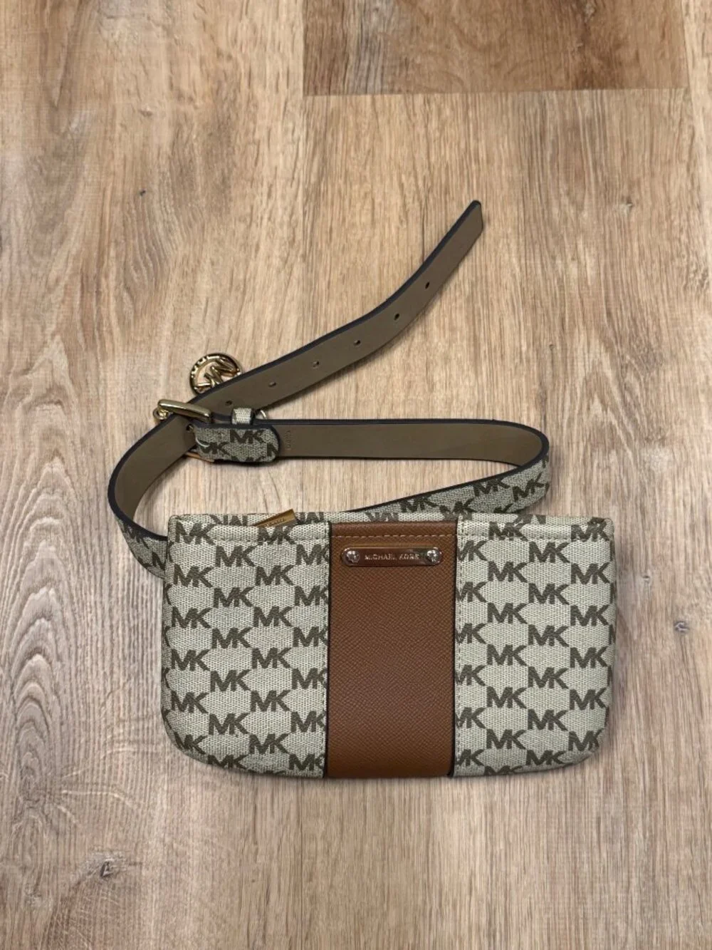Michael Kors Monogram Belt Bag Brown Logo Canvas Large/XL Adjustable Strap Gold